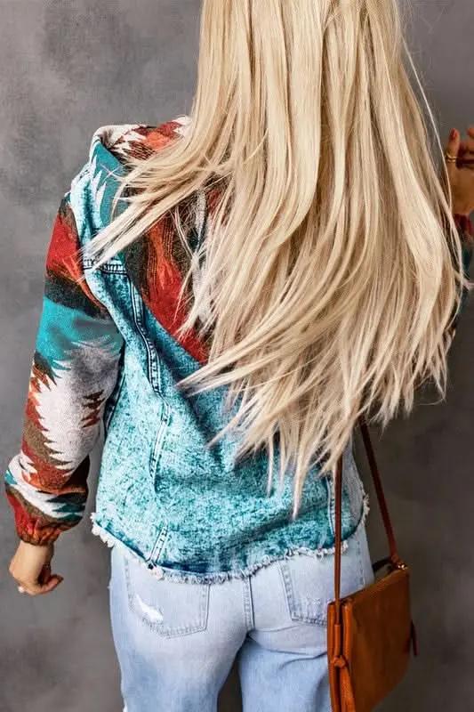 Geometric Print Frayed Hem Denim Jacket - Love Salve
